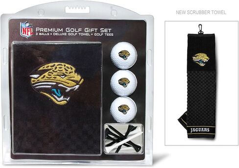 مجموعة هدايا Team Golf NFL Jacksonville Jaguars: منشفة جولف مطرزة، 3 كرات جولف، و14 تيشيرت جولف مقاس 2-3/4 بوصة، منشفة ثلاثية الطي مقاس 16 بوصة × 22 بوصة و100% قطن in Saudi Arabia