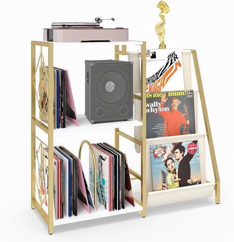 INHABIT UNION Record Player Stand with Guitar Rack, for Acoustic, Electric & Bass Guitars, 3 Tier Vinyl Record Storage Up to 200 Albums, Record Shelf for Living Room and Bedroom in Saudi Arabia