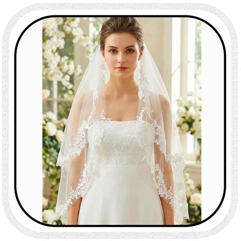 Lainious Lace Bride Wedding Veils White 2 Tier Bridal Tulle Tulle حجاب الإصبع مع مشط للعرائس والنساء in Saudi Arabia
