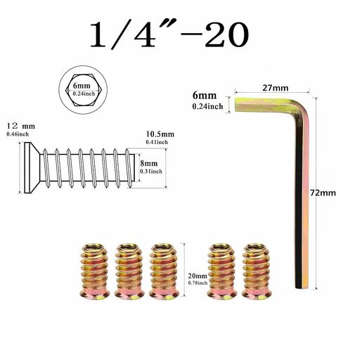 20Pcs 1/4"-20 x 20mmMetal Nut Inserts Threaded Wood Bolt Fastener Screw Connector Hex Socket Drive for Wood Furniture Building Repair Assortment (with Hex Spanner) in Saudi Arabia