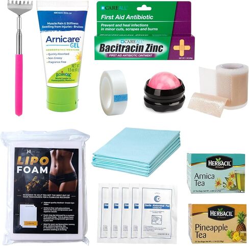 طقم استرداد جراحة Lipo (مجموعة 21 قطعة) - لوازم استرداد شفط الدهون بعد الجراحة | 360 أسطوانة تدليك ، منصات ABD ، رغوة Lipo ، جل إصلاح الندبة ، Bromelain Arnica Teas & More in Kuwait