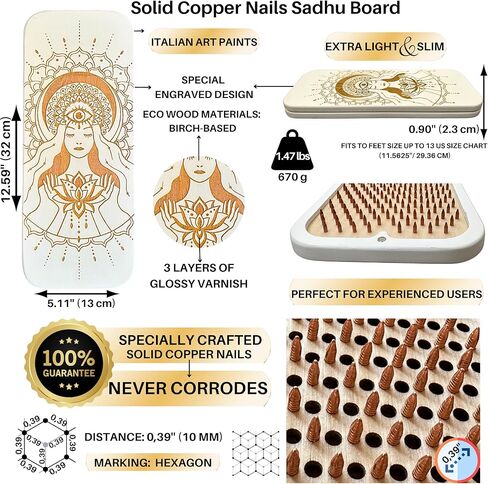 Sadhu Board, Premium Copper Nails, 0,39 In (10 mm), Advanced Users, Light, Foot Board, Wooden Nail Boards for Feet, Acupuncture Massage, Acupressure, Nail Board, Yoga Gift (Lotus Flower White) in Kuwait