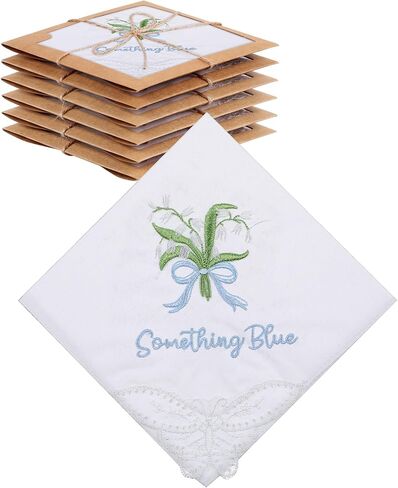 Kinlop Embroidered Wedding Happy Tears Handkerchiefs, 11"x11" Handkerchiefs with Lace, Something Blue Gift for Bride Party in Saudi Arabia
