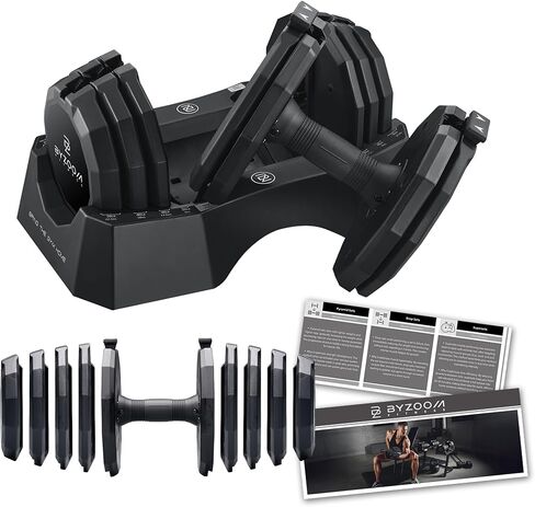 BYZOOM FITNESS Classic Series 50/55LB Adjustable Dumbbell Pair Set of 2 OR Single Unit (Check qty before purchase), 5-in-1 OR 15-in-1 Patented Secure System, Solid Cast Iron Core, Iconic 12-Sided Polygonal Anti-Roll Base, Professional Heavy Weight for Men in Saudi Arabia