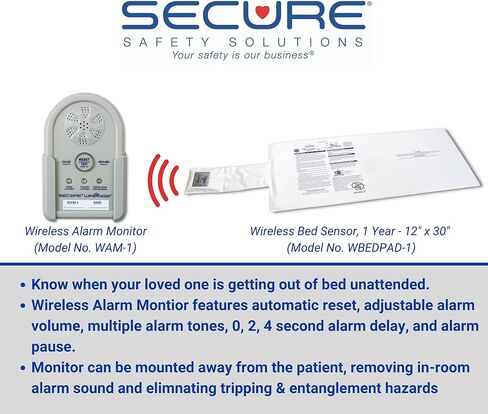 Secure Safety Solutions Wireless Bed Alarm for Elderly Adults - 12" x 30" Sensor Pad, Remote Cordless Monitor - Caregiver Alert System, Fall Prevention for Dementia Patients in Kuwait