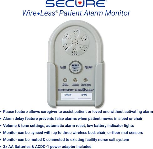 Secure Safety Solutions Wireless Bed Alarm for Elderly Adults - 12" x 30" Sensor Pad, Remote Cordless Monitor - Caregiver Alert System, Fall Prevention for Dementia Patients in Kuwait