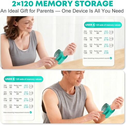 جهاز قياس ضغط الدم من المعصم، جهاز قياس ضغط الدم الرقمي القابل لإعادة الشحن مع ذاكرة 2 × 120، وحقيبة حمل ودعم للمعصم، سوار قابل للتعديل مقاس 5.3 بوصة - 7.7 بوصة، سهل الاستخدام لكبار السن والاستخدام المنزلي العائلي in Kuwait