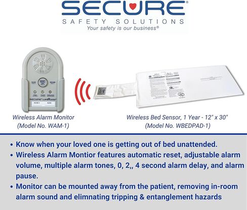 Secure Safety Solutions Wireless Bed Exit Alarm for Elderly Adults & 60" Gait Belt - 12x30 Sensor Pad, Cordless Patient Monitor - Smart Reliable Caregiver Alert, Fall Prevention for Dementia, Seniors in Kuwait