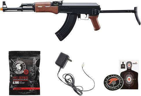بندقية لانسر التكتيكية AK47 AEG Airsoft مع مخزون قابل للطي Gen 1 LT-728 - معدن كامل، إطار عالي في الثانية، بطارية وشاحن متضمن (أسود/خشب صناعي) - 600 جولة in Kuwait