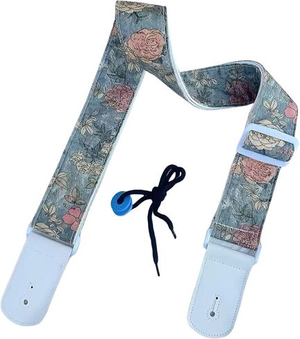 Guitar Strap, Vintage Rose Floral Pattern Cotton Guitar Strap with leather at both ends for bass, electric and acoustic guitars, comes with two strap anti-slip pads in Saudi Arabia