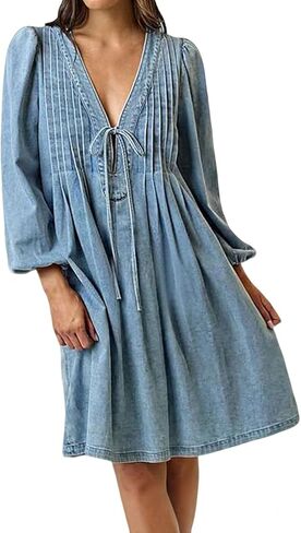 loveimgs Women Denim Jean Romper Overall Shorts Tie Front Pleated Romper Dress Deep V Neck Puff Sleeve Jumpsuit in Saudi Arabia