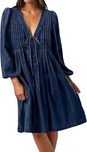 loveimgs Women Denim Jean Romper Overall Shorts Tie Front Pleated Romper Dress Deep V Neck Puff Sleeve Jumpsuit in Saudi Arabia