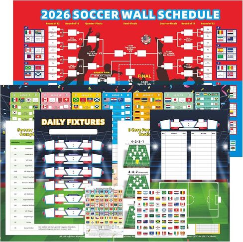 مجموعة ملصقات كرة القدم 8 في 1 لكأس العالم 2026 من Noare - جدول زمني مملوء مسبقًا مقاس 22 × 33 بوصة مع دعامة خروج المغلوب ودليل الفريق وبطاقات العلم القابلة لإعادة الاستخدام | ديكور حائط تفاعلي لمشجعي كرة القدم للمنزل، والحانة، والحفلات in Kuwait