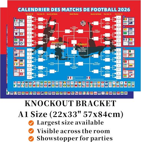 مجموعة ملصقات كرة القدم 8 في 1 لكأس العالم 2026 من Noare - جدول زمني مملوء مسبقًا مقاس 22 × 33 بوصة مع دعامة خروج المغلوب ودليل الفريق وبطاقات العلم القابلة لإعادة الاستخدام | ديكور حائط تفاعلي لمشجعي كرة القدم للمنزل، والحانة، والحفلات in Kuwait