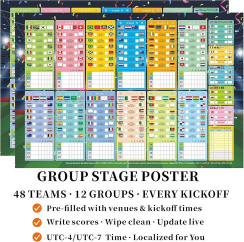 مجموعة ملصقات كرة القدم 8 في 1 لكأس العالم 2026 من Noare - جدول زمني مملوء مسبقًا مقاس 22 × 33 بوصة مع دعامة خروج المغلوب ودليل الفريق وبطاقات العلم القابلة لإعادة الاستخدام | ديكور حائط تفاعلي لمشجعي كرة القدم للمنزل، والحانة، والحفلات in Kuwait