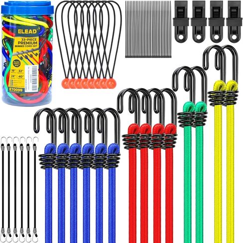 ELEAD 33 Piece Premium Bungee Cords Assortment Jar, Includes 10", 18", 24", 32", 40" Bungee Cord with Hooks, 6" Nylon Cable Ties, 8" Canopy Tarp Ball Ties and Tarp Clips in Saudi Arabia