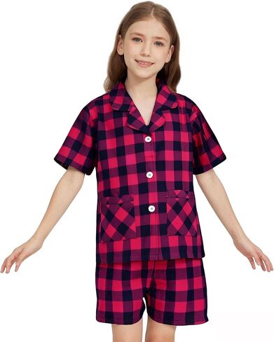 HiddenValor Girls Pajama Set, 2 Piece Cotton Button Down Short Sleeve Shorts Lounge Sleepwear With Pockets in Kuwait