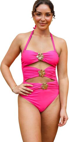 Women Cut Out One Piece Swimsuit Backless Halter Bathing Suit Flower Decoration Swimwear in Kuwait