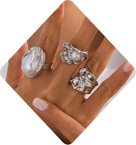 CJIAYUJEW Chunky Gold Flower Rings Pearl Stacking Statement Rings for Women Silver Chunky Knuckle Ring Set Adjustable Pearl Finger Ring Sets in Saudi Arabia