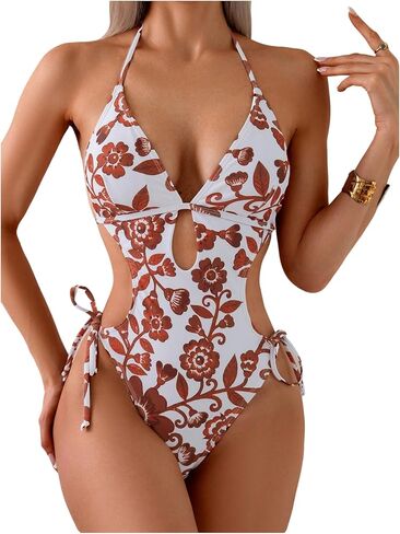 Oyoangle Women Women Floral Print Halter الرقبة قطعة واحدة من السباحة قطع التعادل بدلة الاستحمام عارية الذروة الشاطئ Monokini in Kuwait