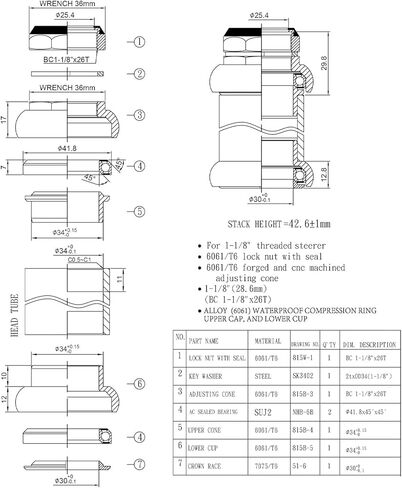 مجموعة سماعات الدراجة WFS AH.77 1-1/8 بوصة لشوك التوجيه الملولبة 1-1/8 بوصة وأنبوب رأس 34 مم - سبائك الألومنيوم باستخدام الحاسب الآلي، محامل محكمة الغلق بدقة لدراجات MTB الجبلية/الطرق/المدينة/BMX in Kuwait