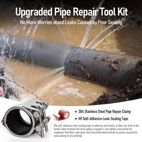 Kodilin Upgraded Pipe Repair Clamp with M1 Self-Adhesive Leak-Sealing Tape | 304 Stainless Steel Rust-Proof Emergency Pipe Repair Kit for Plastic & Metal Pipes, 1/2"(20-23mm) in Kuwait