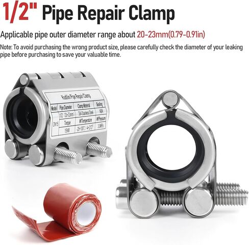 Kodilin Upgraded Pipe Repair Clamp with M1 Self-Adhesive Leak-Sealing Tape | 304 Stainless Steel Rust-Proof Emergency Pipe Repair Kit for Plastic & Metal Pipes, 1/2"(20-23mm) in Kuwait
