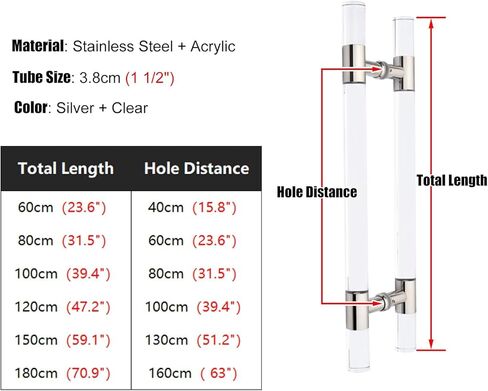 Acrylic Clear Crystal Finish Barn Door Handle, Long Commercial Sheds Gates Push Pull Bar, Wood/Glass Door Pull Handles, Double Sided Install(Color:Silver,Size:120X100cm/47.2" X39.4) in Saudi Arabia