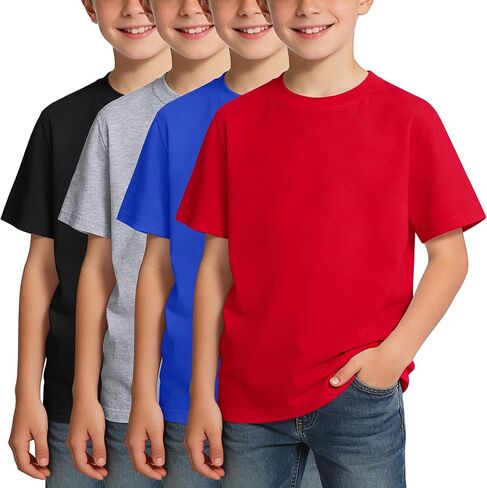 BOOPH 4 Pack Boys Shirts Kids Tshirts Toddler Short Sleeve T-Shirts Basic Crew Neck Tops Cotton Summer Uniform Clothes in Saudi Arabia