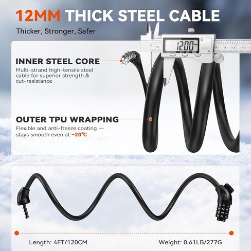 Sportneer Bike Cable Lock with 4-Digit Combination, TPU Anti-Freeze & Weatherproof 12mm Heavy Duty Steel Bike Lock, Bicycle Lock with Mounting Bracket for Bikes Scooters Strollers Outdoor Use - 4ft in Saudi Arabia