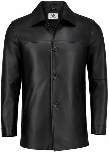 TLC Black REAL LEATHER TRENCAL COAT للرجال - 3/4 معطف السيارة الطول - سترة الحملان الأصلية - زر كلاسيكي معطف ناعم الرجال in Saudi Arabia