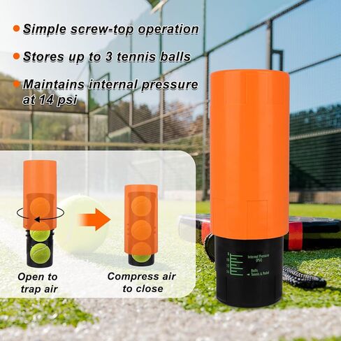Tennis Ball Pressurizer Storage Canister, Holds 3 Balls 14 PSI Tennis Padel Balls Saver Container Reusable Ball Pressure Pod Presurizador de Pelotas de Tenis Keeper for Club Players Gear Gifts in Saudi Arabia