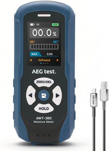 AWT-380 Rechargeable Pinless Moisture Meter for Wood, Drywall & Masonry, Wood Moisture Meter with Color Display, Adjustable Alarm, Data Records, Non-Destructive Water Leak Detector for Home in Kuwait