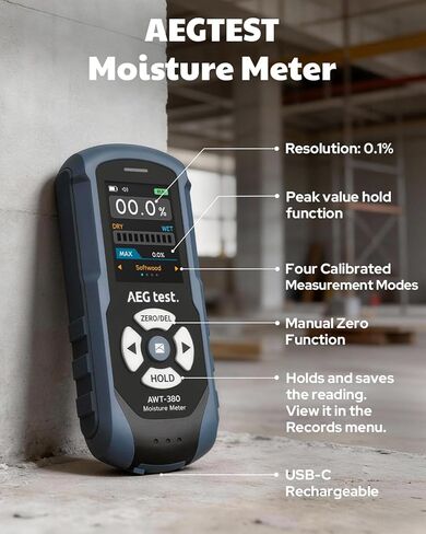 AWT-380 Rechargeable Pinless Moisture Meter for Wood, Drywall & Masonry, Wood Moisture Meter with Color Display, Adjustable Alarm, Data Records, Non-Destructive Water Leak Detector for Home in Kuwait