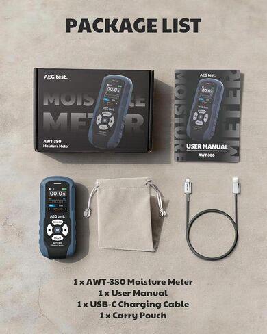 AWT-380 Rechargeable Pinless Moisture Meter for Wood, Drywall & Masonry, Wood Moisture Meter with Color Display, Adjustable Alarm, Data Records, Non-Destructive Water Leak Detector for Home in Kuwait