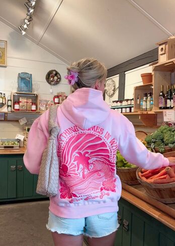 Pink Palm Puff "Everything Comes in Waves" Hoodie in Pink in Kuwait