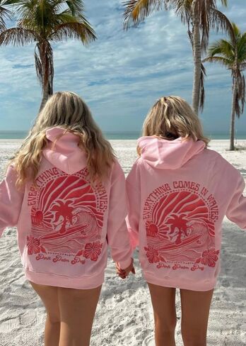 Pink Palm Puff "Everything Comes in Waves" Hoodie in Pink in Kuwait