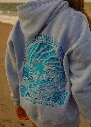 Pink Palm Puff "Everything Comes in Waves” Hoodie in Blue in Kuwait