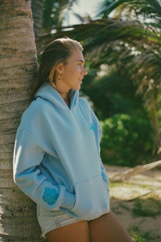 Pink Palm Puff "Everything Comes in Waves” Hoodie in Blue in Kuwait