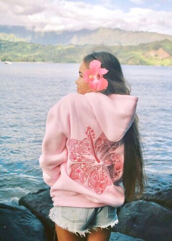Pink Palm Puff "Hawaii Hibiscus" Hoodie in Blush in Kuwait
