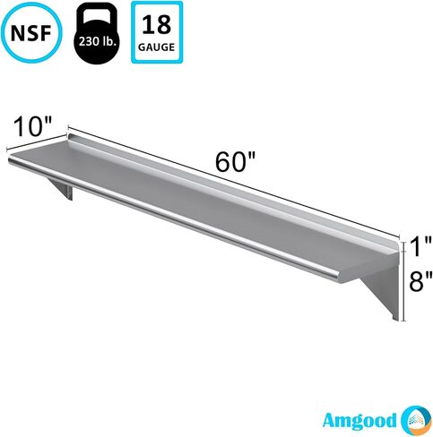 AmGood 10" X 60" Stainless Steel Wall Shelf | NSF | Metal Shelving | Garage, Laundry, Storage, Utility Room | Restaurant, Commercial Kitchen in Kuwait