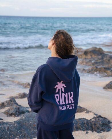 Pink Palm Puff Classic Puff Hoodie in Navy in Kuwait