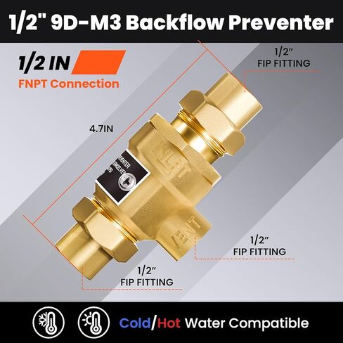 1/2 "9D-M3 Backflow Prefter ، صمام فحص مزدوج نحاس مع تنفيس في الغلاف الجوي الوسيط ، 1/2 بوصة صمام مانع التدفق الإناث ، 190T012 ، استبدال واتس in Kuwait