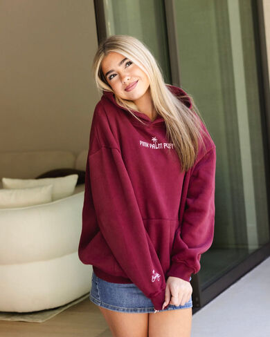 Pink Palm Puff "Live in the Moment" Hoodie in Cherry in Kuwait