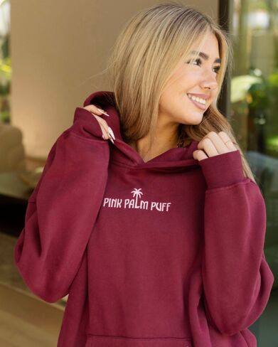 Pink Palm Puff "Live in the Moment" Hoodie in Cherry in Kuwait