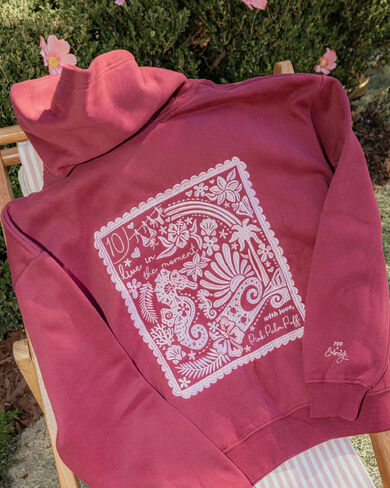 Pink Palm Puff "Live in the Moment" Hoodie in Cherry in Kuwait