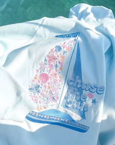 Pink Palm Puff “Chase the Sun” Relaxed Hoodie in Sky Blue in Kuwait