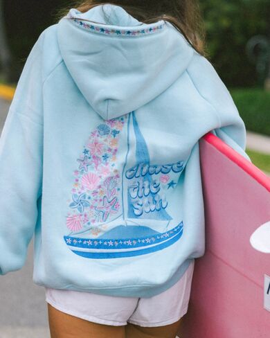 Pink Palm Puff “Chase the Sun” Relaxed Hoodie in Sky Blue in Kuwait