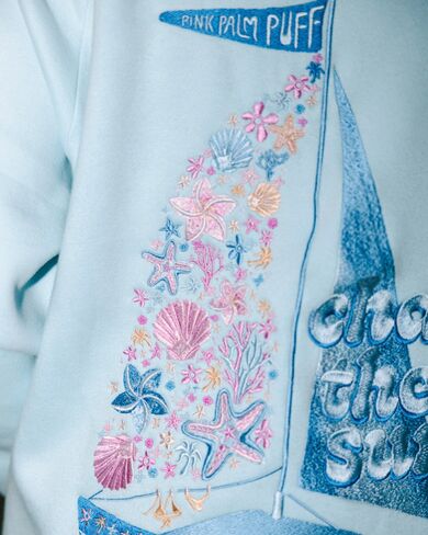 Pink Palm Puff “Chase the Sun” Relaxed Hoodie in Sky Blue in Kuwait