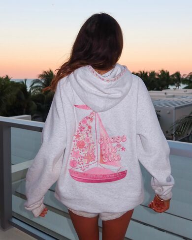 Pink Palm Puff “Chase the Sun” Relaxed Hoodie in Heather Cloud in Kuwait